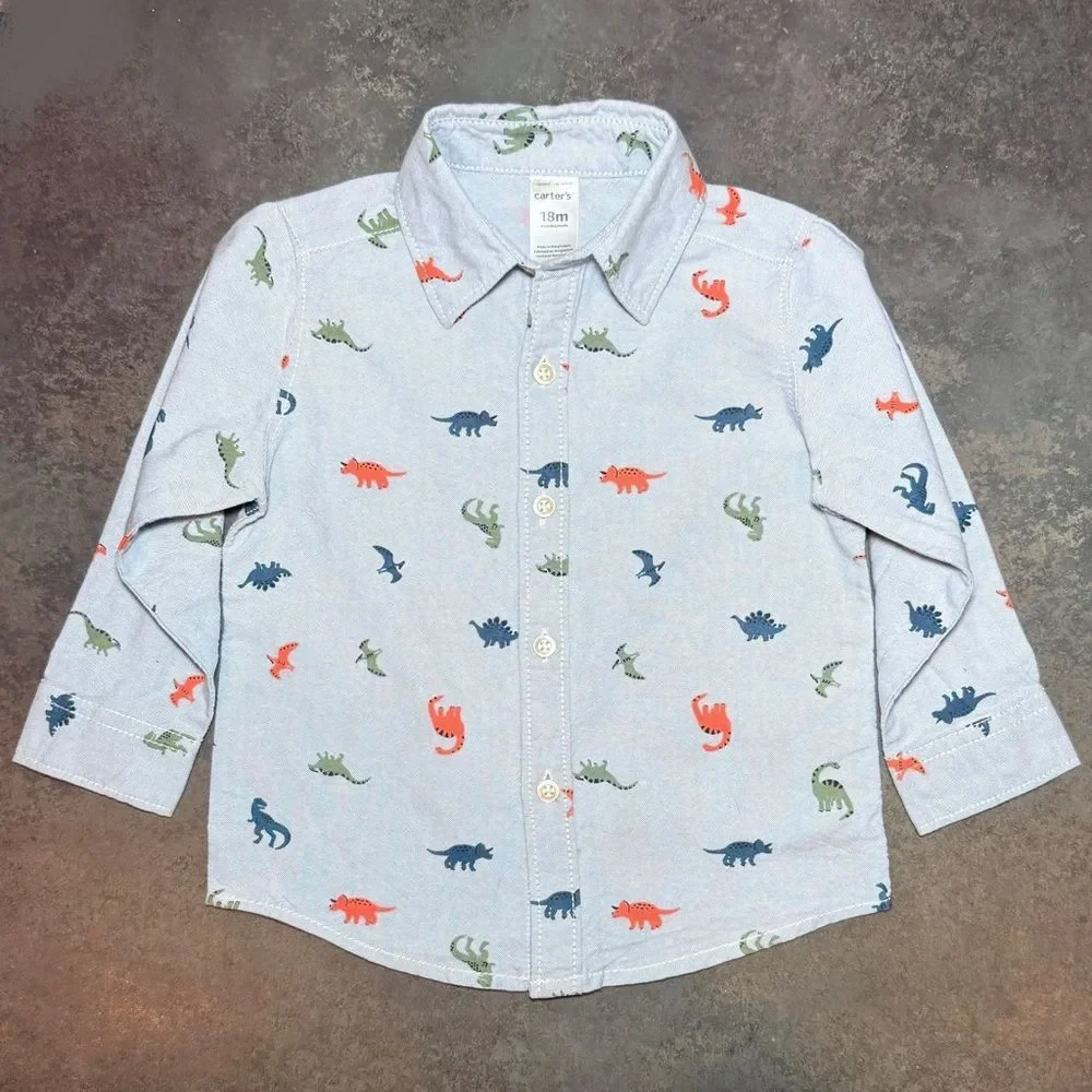 Carter’s Dinosaur Print Button Up Shirt 18M Blue Long Sleeve Toddler Boy